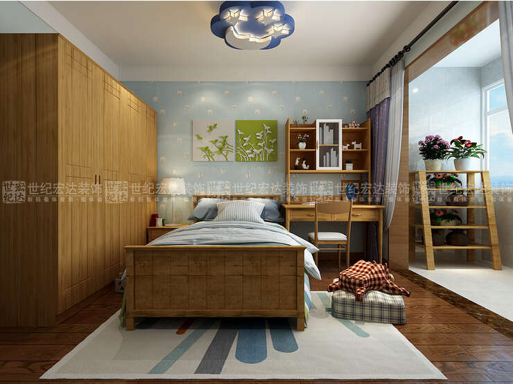 次卧室的空间因为是留给孩子住所以在色彩安排上主要以清新明快为主，在一侧安排了书桌，这样给孩子一个独立的学习空间。（7次卧设计-济南设计师文志萍设计）